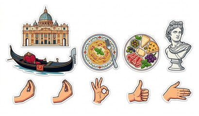 Modern Italy Sticker Style Vector Set Featuring St Peters Basilica Gondola Pasta Apollo Bust and Italian Gestures © MST ROGINA