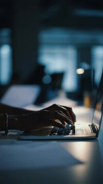 Focused professional typing on a laptop in a dimly lit modern office environment conveying productivity technology and late-night work dedication