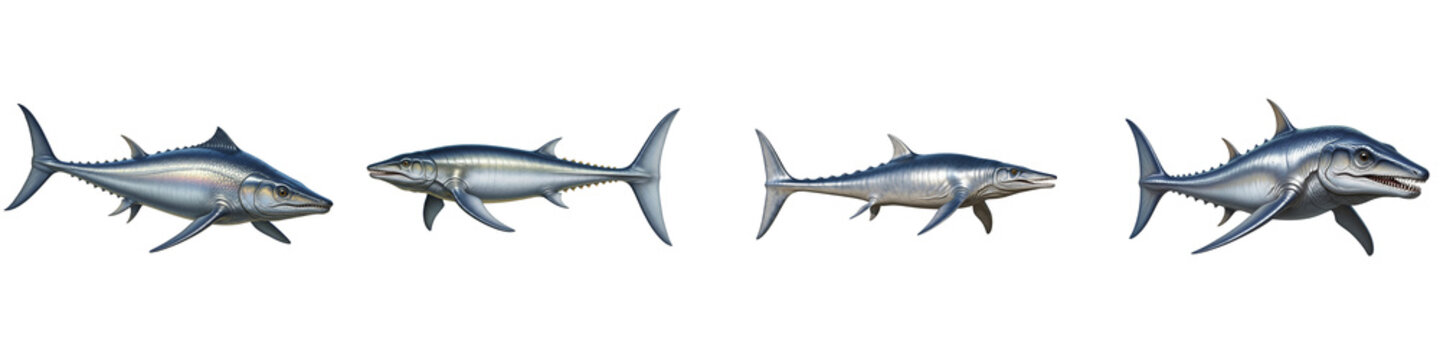 Set of four extinct prehistoric ichthyosaur marine reptiles on black