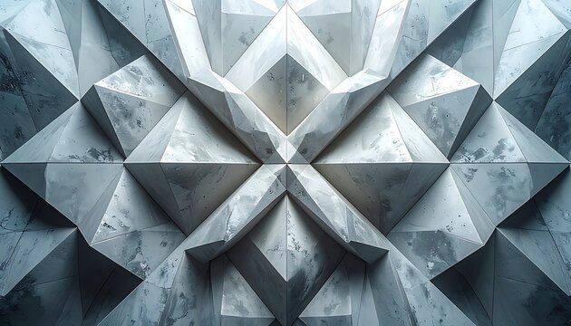 A symmetrical, geometric pattern of gray and white marble-like triangles