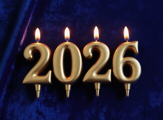 Obraz premium Golden candles form number 2026 with lit flames on dark blue velvet. Festive New Year celebration, elegant holiday background for greetings.