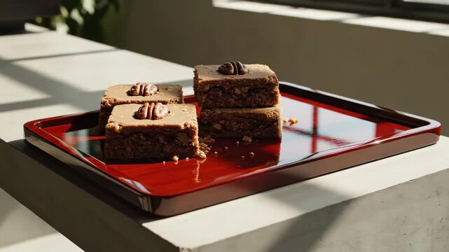 Square pecan cookie bars arranged on a glossy crimson tray in architectural sunlight, offering a modern pecan cookie day display with layered nut filling, clean shadows, and minimalist styling