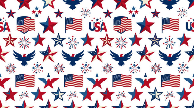 Seamless patriotic pattern with American flags stars and eagles for Independence Day. EPS Editable