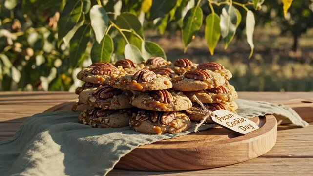 Caramel pecan cookies piled on a wooden board beneath leafy orchard branches, bringing pecan cookie day outdoors with sunlit nuts, rustic green linen, a handmade tag, and warm countryside atmosphere