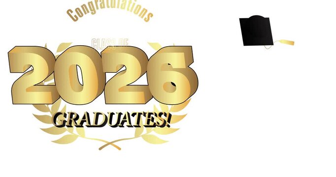 Black and gold class of 2026 Graduation design animation on black background. Party invitation, congratulation event. Video high school or college graduate cartoon with retro art deco elements.
