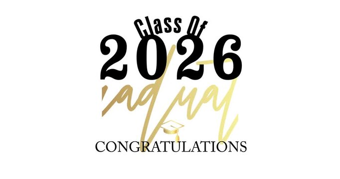 Black and gold class of 2026 Graduation design animation on black background. Party invitation, congratulation event. Video high school or college graduate cartoon with retro art deco elements.
