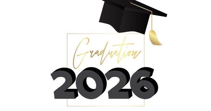 Black and gold class of 2026 Graduation design animation on black background. Party invitation, congratulation event. Video high school or college graduate cartoon with retro art deco elements.