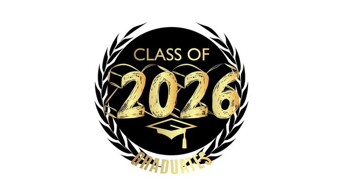 Black and gold class of 2026 Graduation design animation on black background. Party invitation, congratulation event. Video high school or college graduate cartoon with retro art deco elements.