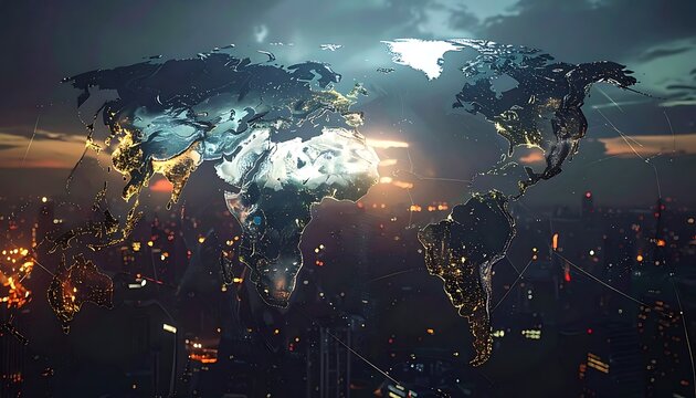 A futuristic cityscape at dusk with a glowing world map overlay