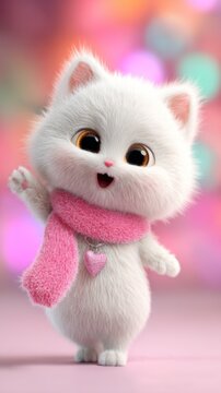 Adorable fluffy white chibi kitten wearing a pink scarf and heart charm waves hello with a cheerful expression