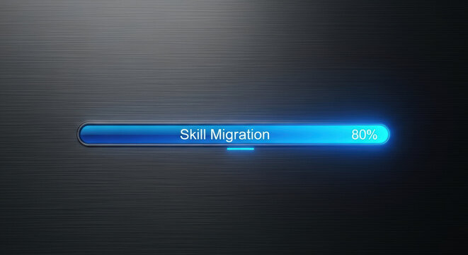 Skill migration progress bar glowing blue on dark background representing workforce reskilling and automation development in technology