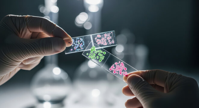 Microscope slide with colorful bacteria held by gloved hands in laboratory showing antimicrobial resistance research and scientific study focus