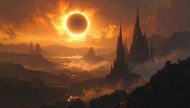 Dramatic spires silhouette against glowing eclipse sky, misty terrain unfolds cinematic mood