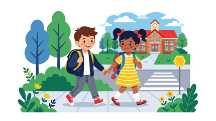 Fototapeta premium Cartoon boy and girl walking to school holding hands. EPS Editable