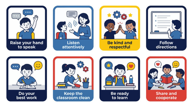 Classroom rules poster set with cute student illustrations for school behavior guidelines. EPS Editable