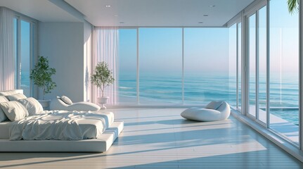 Obraz premium Luxury modern bedroom with ocean view and minimalist decor