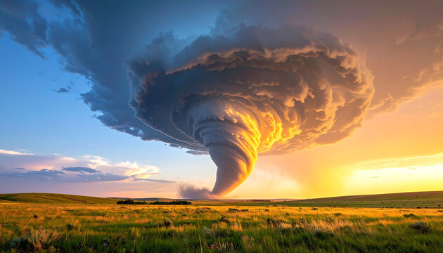 Dramatic supercell cloud forms a twisting funnel over a grassy plain at sunset.