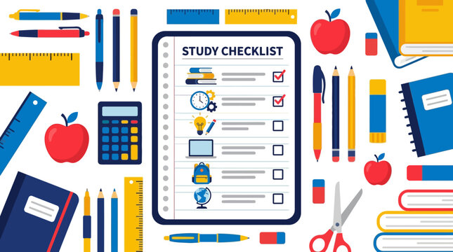 Flat lay vector illustration of a digital study checklist tablet surrounded by school supplies. EPS Editable