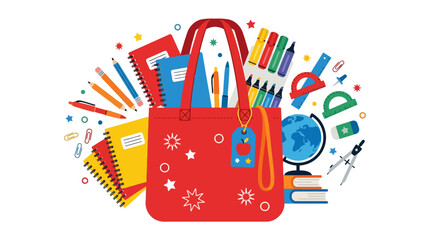Obraz premium Red school bag filled with colorful stationery and educational supplies vector illustration. EPS Editable