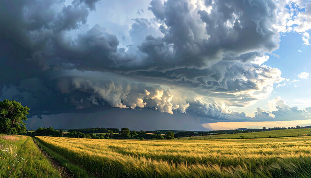 Dramatic thunderclouds loom over a golden wheat field in a panoramic view