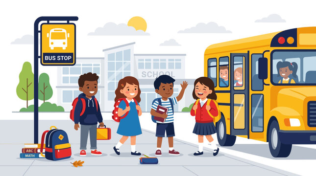 School children waiting at bus stop for yellow school bus vector illustration. EPS Editable