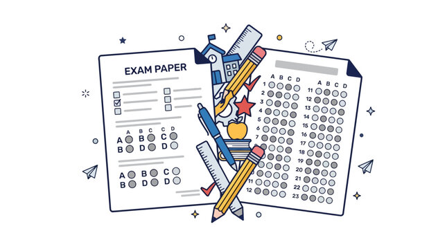 School exam paper and test sheet illustration with pencils and stationery doodles. EPS Editable