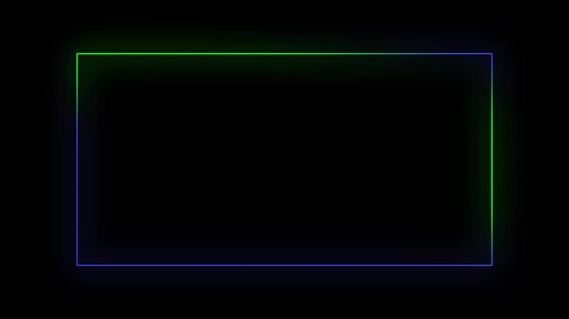 Neon blue and green glowing frame expanding into a wide rectangular border with copy space on a black background.