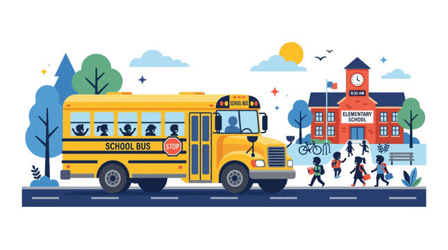 Yellow school bus carrying students to school building vector illustration. EPS Editable