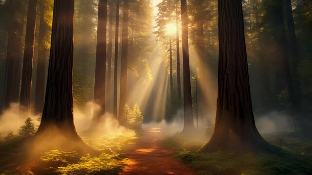 Sunlight Filtering Through Sequoia Forest 4K Generative AI