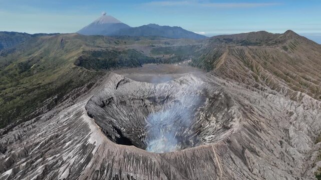 Aerial view of Mt.Bromo crater in Bromo Tengger Semeru National Park located in East Java of Indonesia. Mount Bromo is the most unique volcano in Indonesia's ring of fire. Dominated by Tengger tribes.