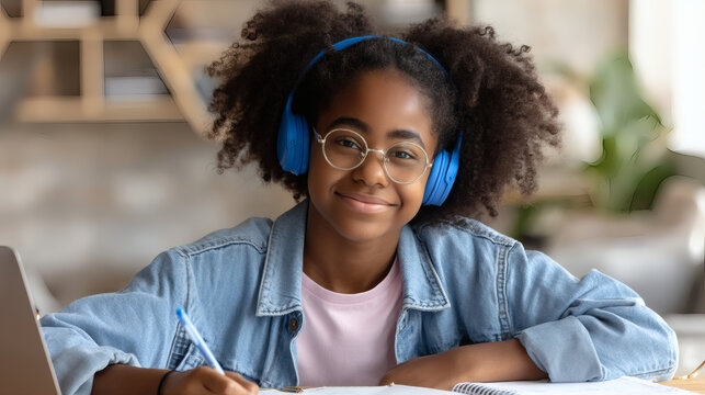 resolution cinematic image of a confident student wearing glasses and headphones, smiling while studying online and writing notes, bright airy home office with large windows and soft natural 