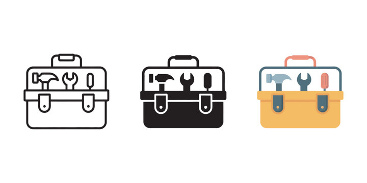 Tool Box Icon Vector Featuring Outline and Flat Styles for Construction Maintenance Service and Repair Projects