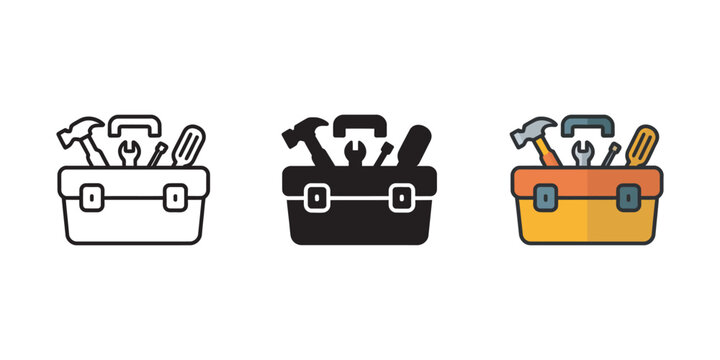 Tool Box Icon Vector Pack with Outline and Flat Style Designs for Maintenance Repair and Web Interfaces
