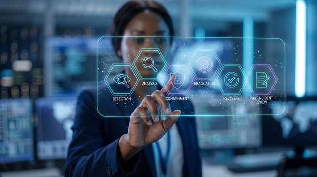 Black female specialist managing cybersecurity incident response lifecycle through floating digital interface showing icons for detection, analysis, containment, eradication and recovery workflow