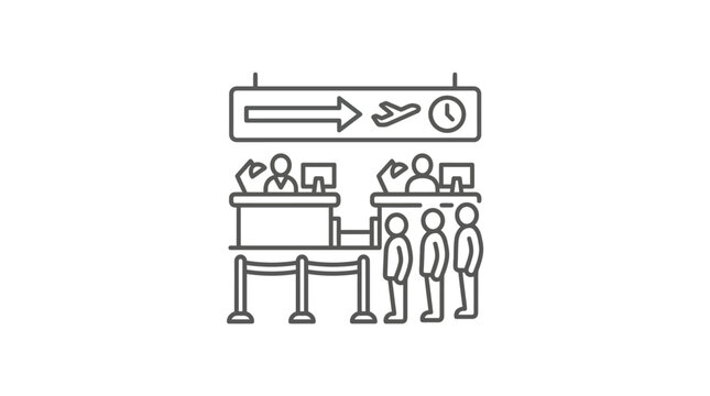 Airport terminal check-in area with informational signage and passengers.