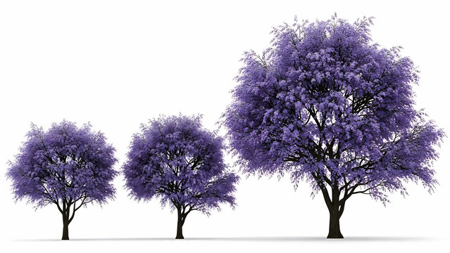 Three purple jacaranda trees of varying sizes on white background violet lavender