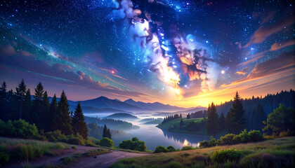 Dreamy night sky shines over serene lake and mountain landscape with soft starlight