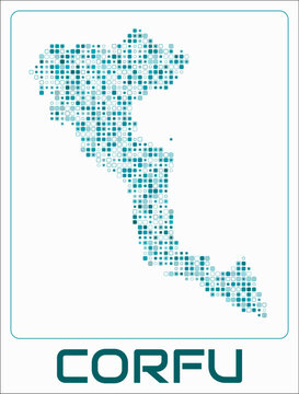 Corfu digital style map. Small roundedSquare dots on white background. Dotted shape of the island. Corfu map and title. Creative vector illustration.