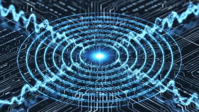 "Glowing radio waves expanding from a central point, wireless communication concept, blue neon light, seamless loop, high quality motion background."