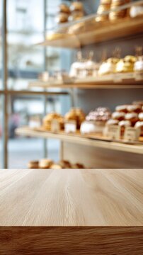 Oak wood counter background with blurred bakery display for cafe mobile application menu and coffee shop vertical banner