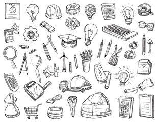 Naklejka premium Black and white sketches of construction, design, and education tools and objects