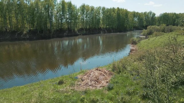 Drone Shot of Dacha with Garden Birch Trees and Amba River