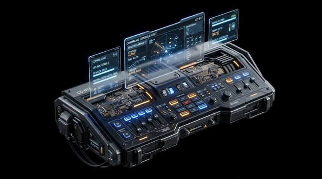 Futuristic high tech electronic device with digital HUD.