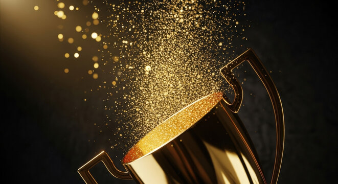 Golden cup standing isolated on dark background with glittering sparkling dust particles rising from inside suggesting magic and great reward.
