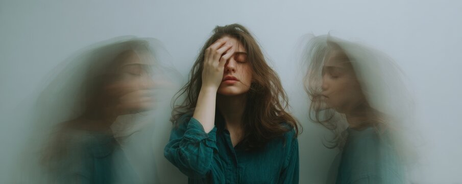Distressed woman with blurred motion overlay conveying internal conflict and mental anguish