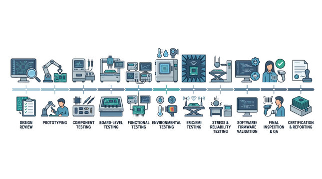 Electronics Manufacturing Process Flowchart Infographic Showing Industrial Production Steps. EPS Editable. Vector Illustrations.