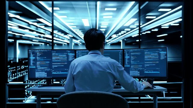 Cloud Computing Asian Male Programmer Writing Code with Multiple Monitors Showing Database in 4K Ultra HD footage
