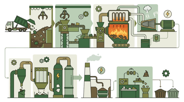 Industrial waste recycling plant infographic showing the complete process of converting garbage into energy and electricity. EPS Editable. Vector Illustrations.