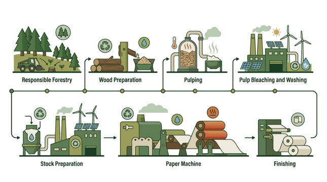Infographic showing the industrial paper manufacturing process from forestry to finished paper rolls. EPS Editable. Vector Illustrations.