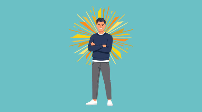 Modern flat vector illustration of a confident man standing with crossed arms and energetic light burst background, success and motivation concept